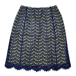 Carven Blue Lace Crochet Layer Yellow Scallop Hem Skirt Small 36